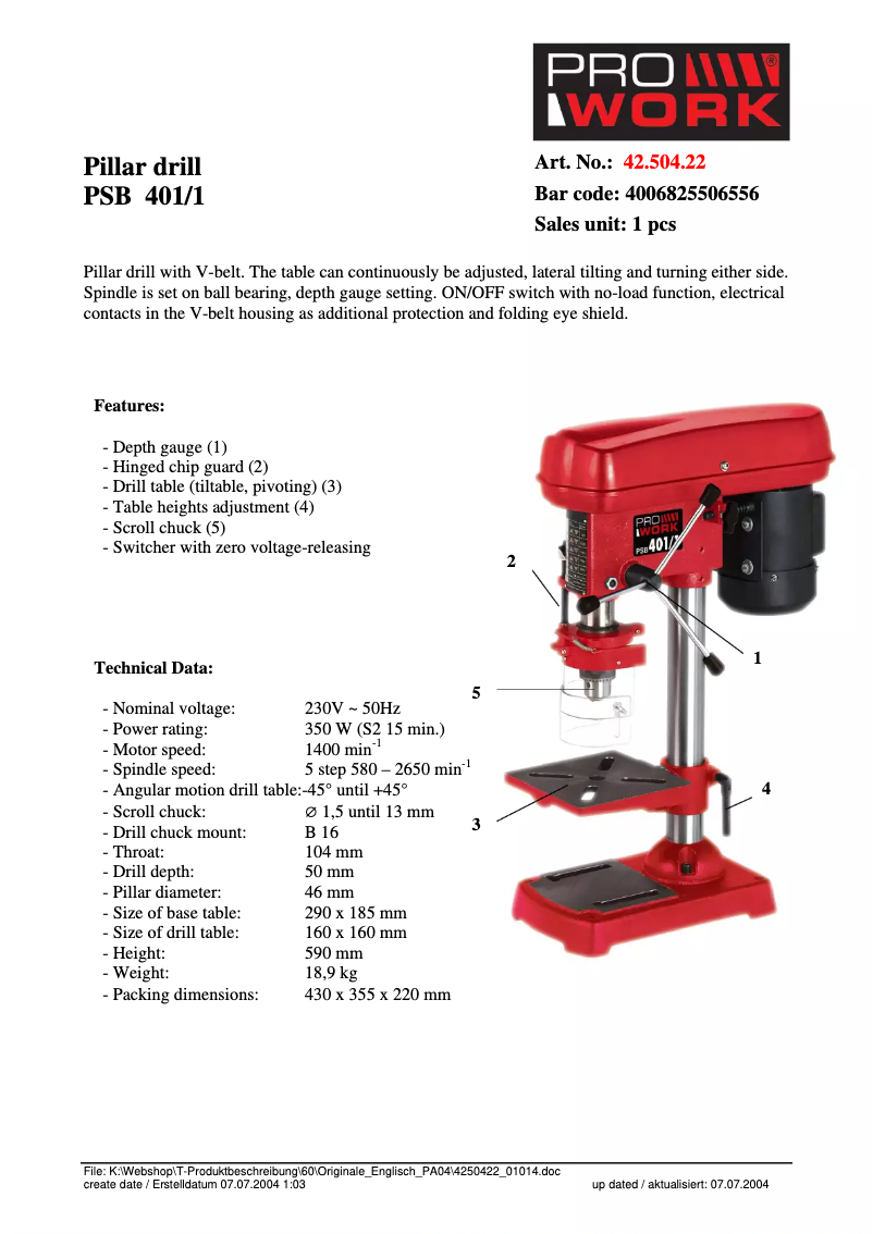 Page n°1 - Fiche technique Prowork PSB 401/1