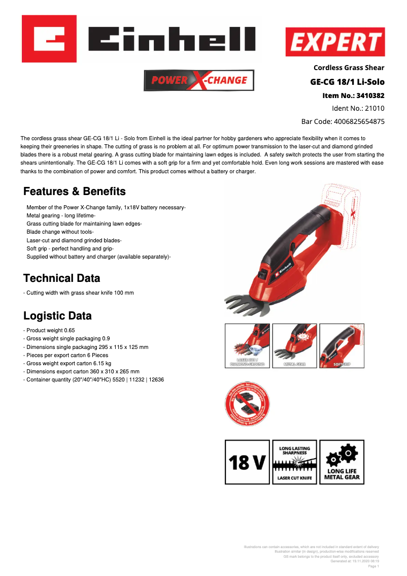 Page n°1 - Fiche technique Einhell GE-CG 18/1 Li-Solo
