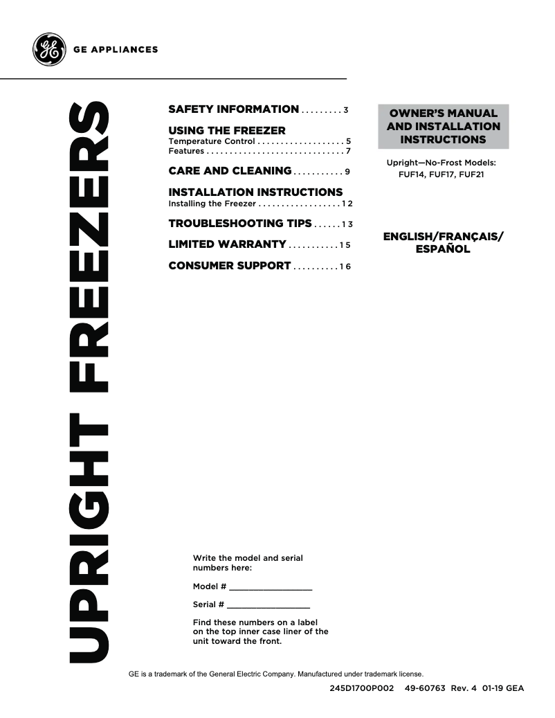 Page n°1 - Manuel d'utilisation et d'entretien GE FUF21SMRWW