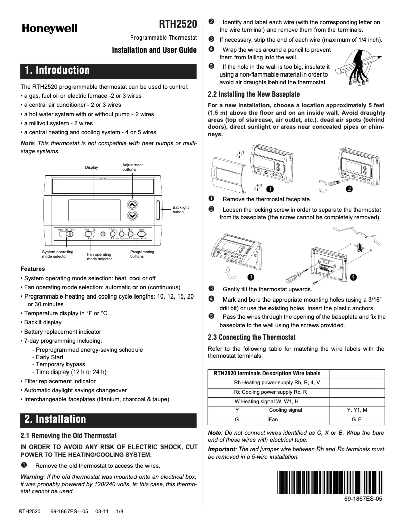 Page n°1 - Manuel utilisateur Honeywell RTH2520B
