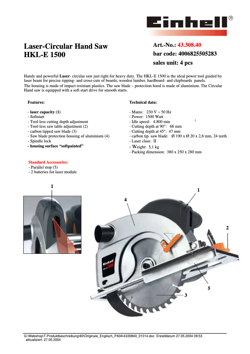 Page 1 de la notice Fiche technique Einhell HKL-E 1500