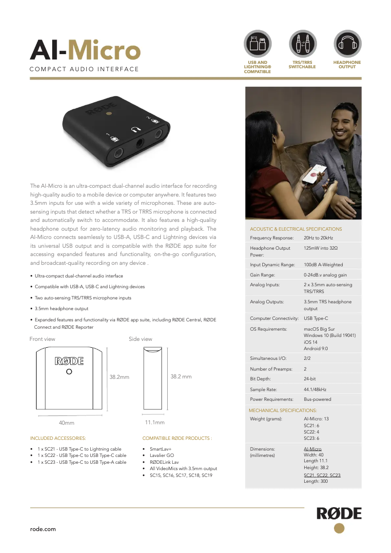 Page 1 de la notice Manuel utilisateur Røde AI-Micro
