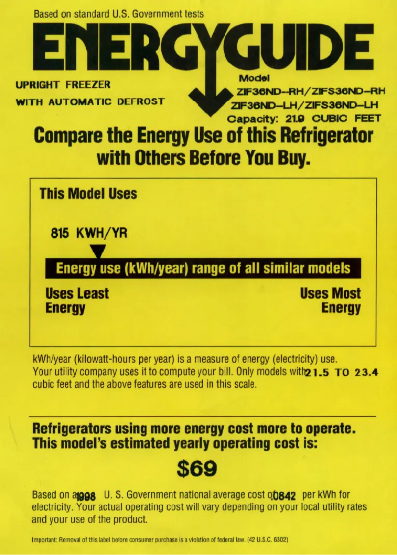 Page 1 de la notice Label énergétique GE ZIFS36NDRH