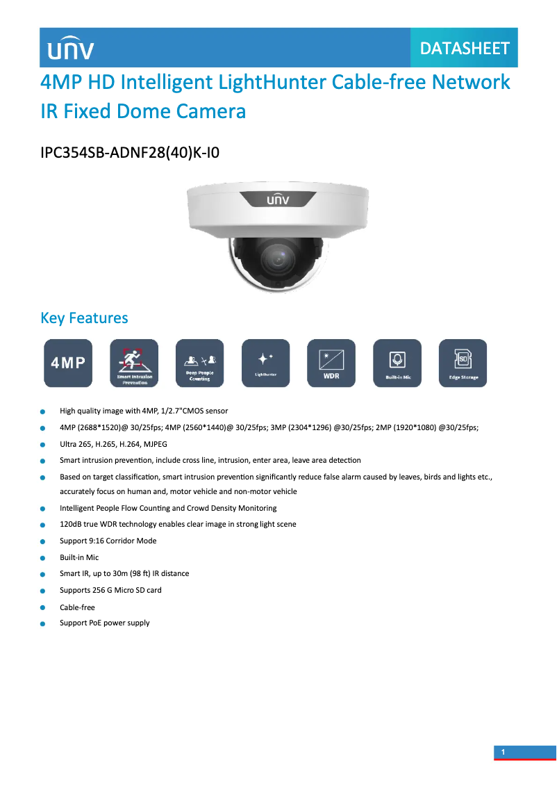 Page n°1 - Fiche technique UniView IPC354SB-ADNF28(40)K-I0