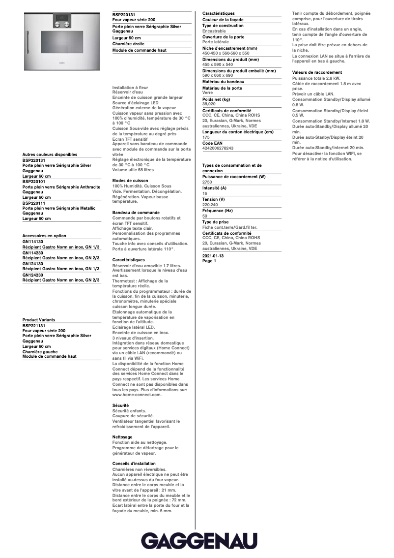 Page 1 de la notice Fiche technique Gaggenau BSP220131