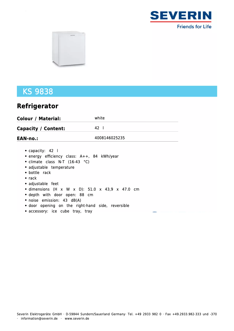 Page 1 de la notice Fiche technique Severin KS 9838