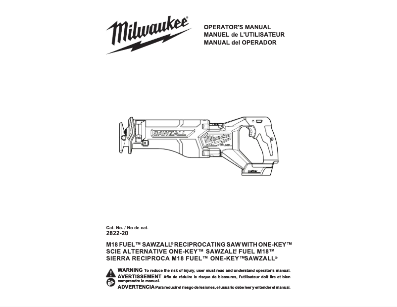 Page 1 de la notice Manuel utilisateur Milwaukee 2822-20