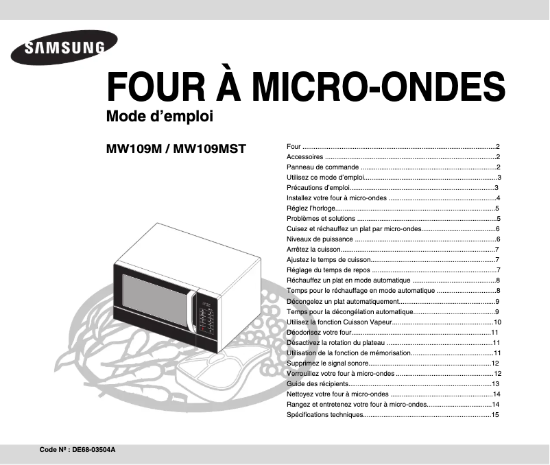 Image de la première page du manuel de l'appareil MW109M