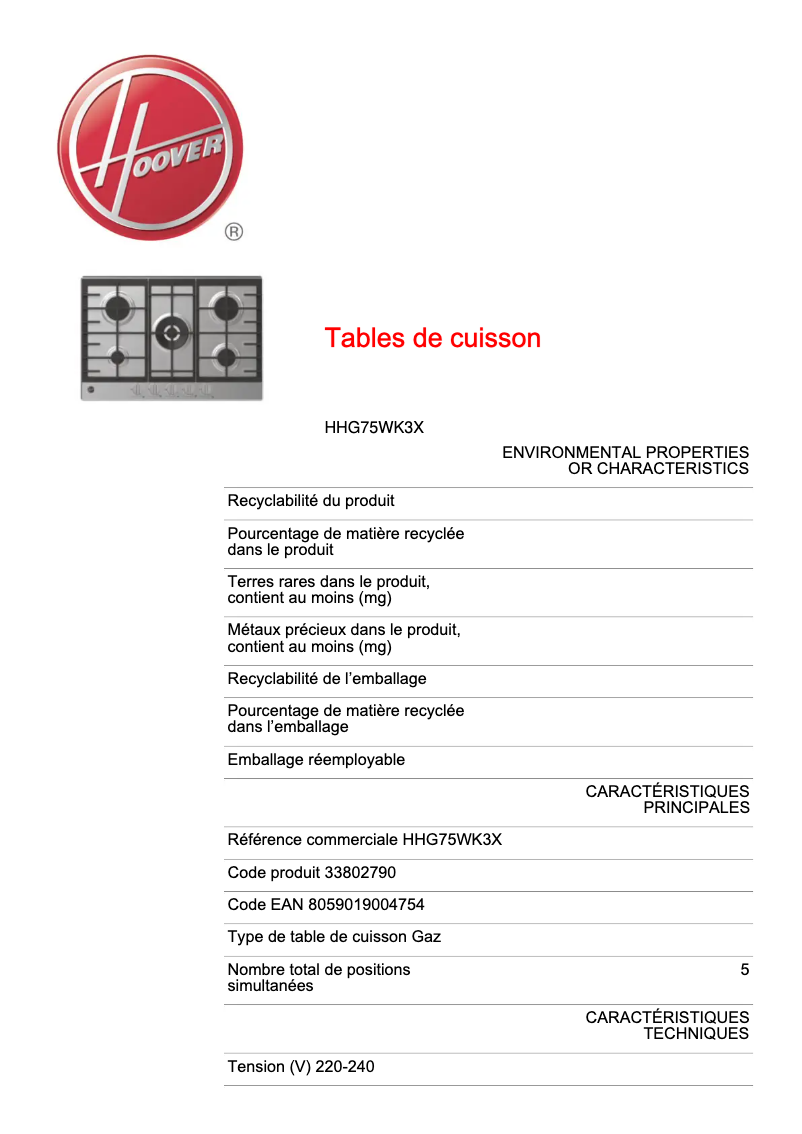 Page n°1 - Fiche technique Hoover H-HOB 300 HHG75WK3X