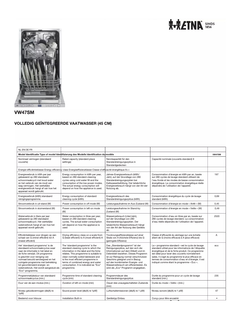 Page 1 de la notice Fiche technique Etna VW47SM