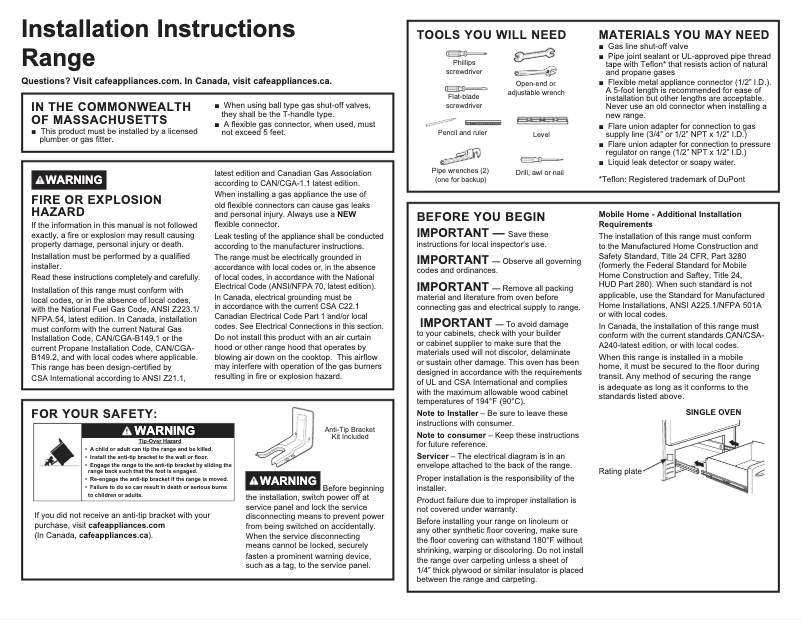 Page n°1 - Guide d'installation GE JGB735SPSS