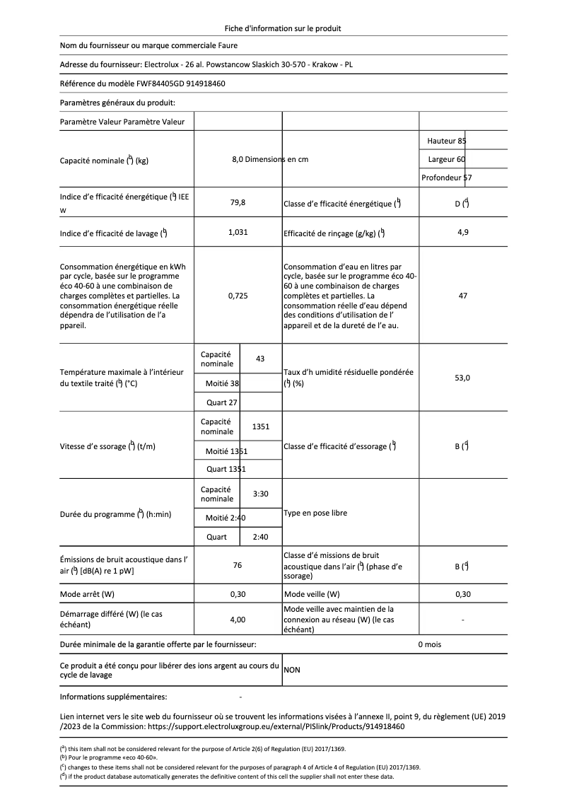 Page 1 de la notice Fiche technique Faure FWF84405GD