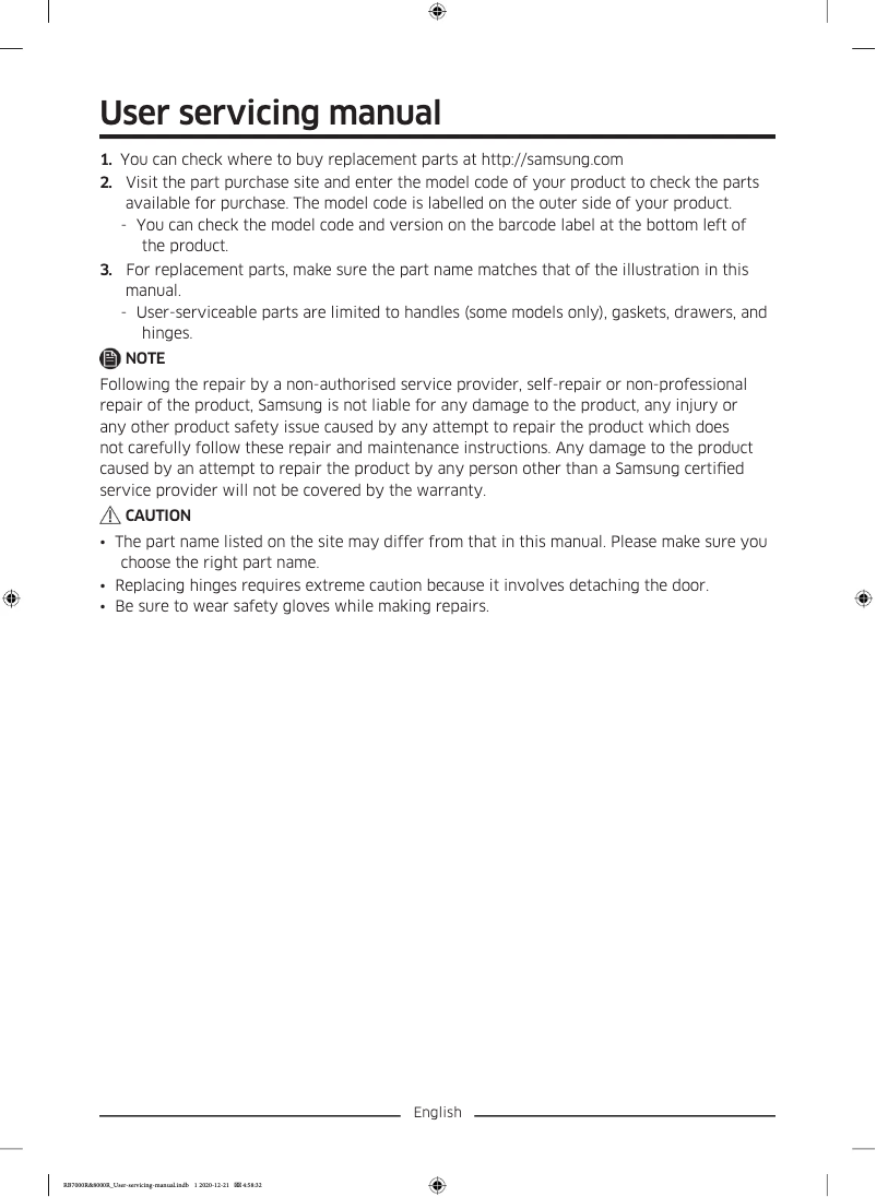 Page 1 de la notice Manuel utilisateur Samsung RB36R8839SR