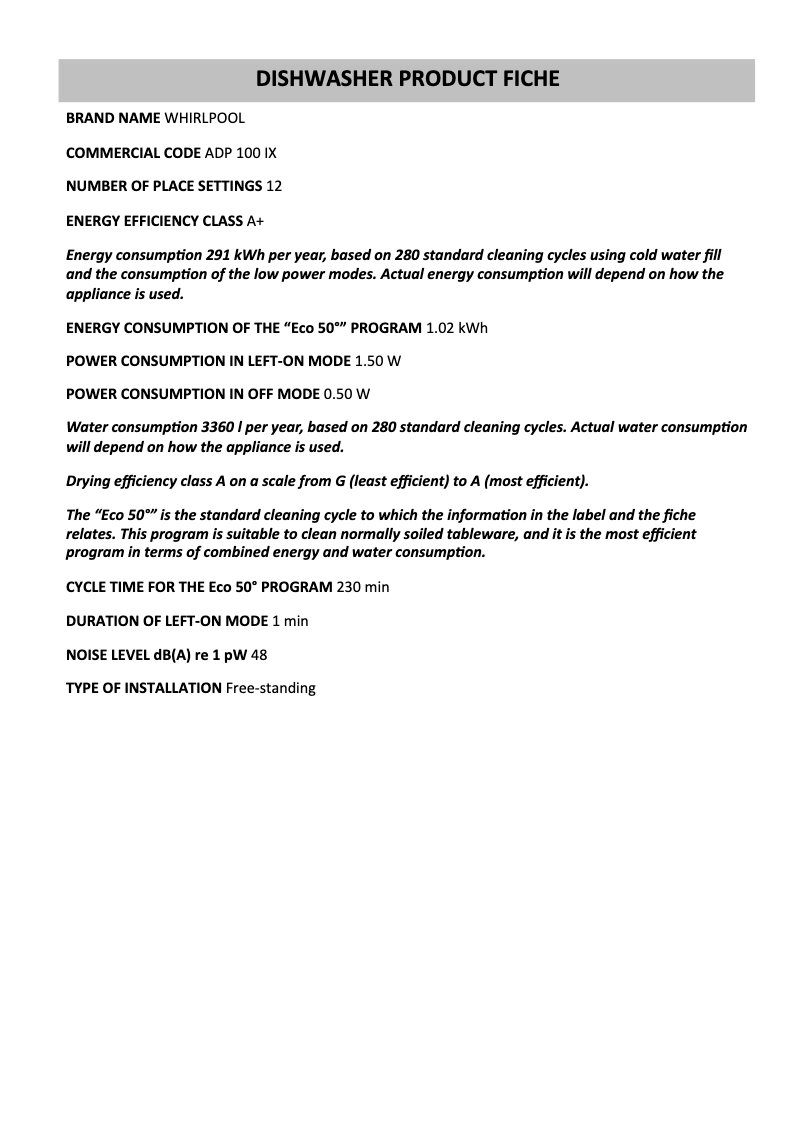 Page 1 de la notice Fiche technique Whirlpool ADP 100 IX