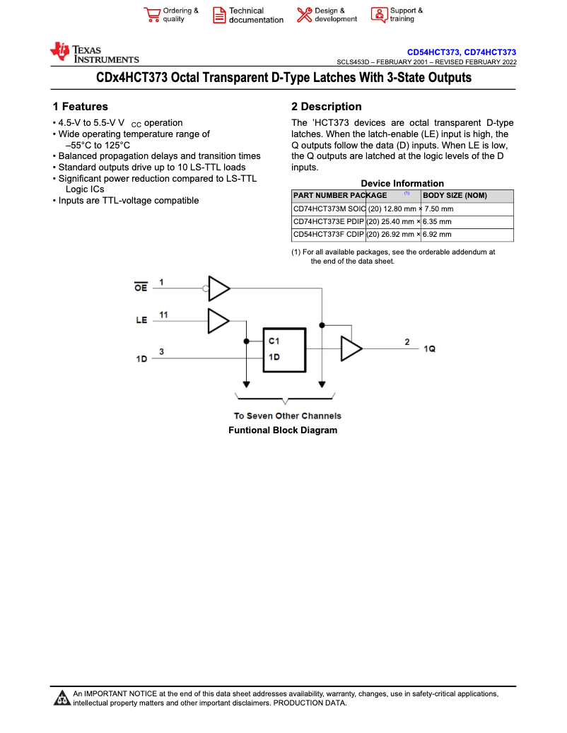 Page 1 de la notice Manuel utilisateur Texas Instruments CD74HCT373E