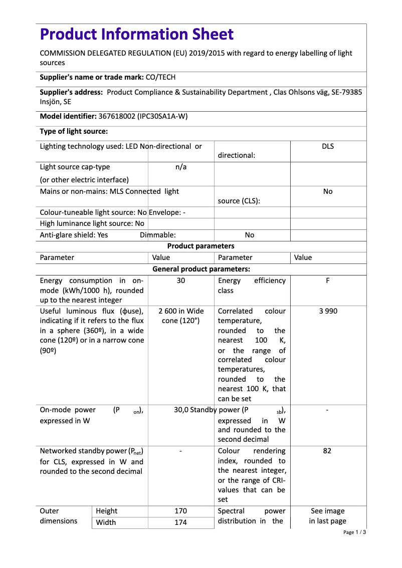 Page 1 de la notice Fiche technique Cotech IPC15A1A