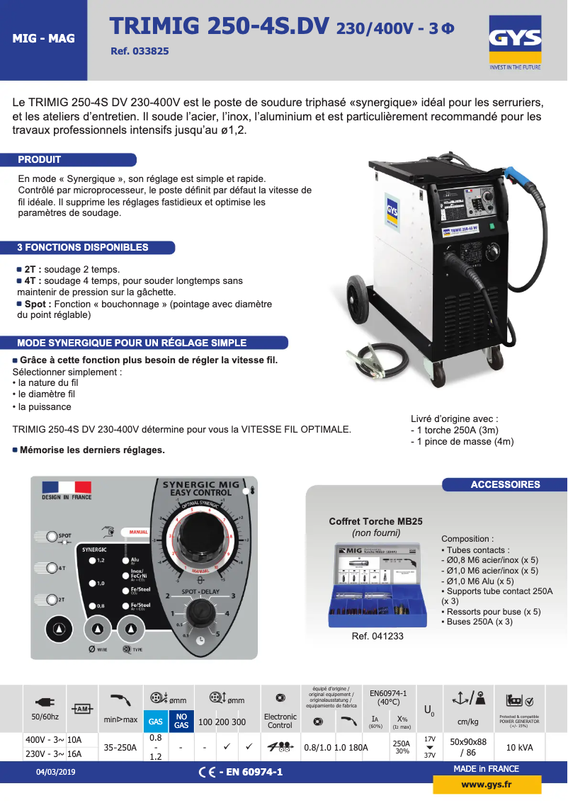 Page 1 de la notice Fiche technique GYS Trimig 250-4S DV