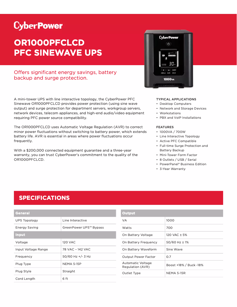 Page 1 de la notice Fiche technique CyberPower OR1000PFCLCD