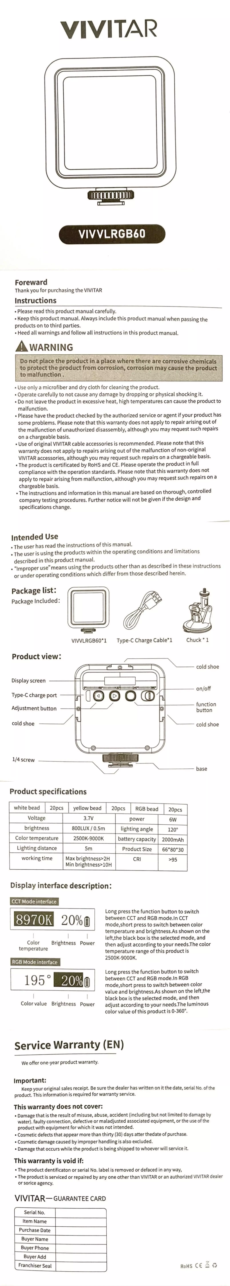 Image de la première page du manuel de l'appareil VIVVLRGB60