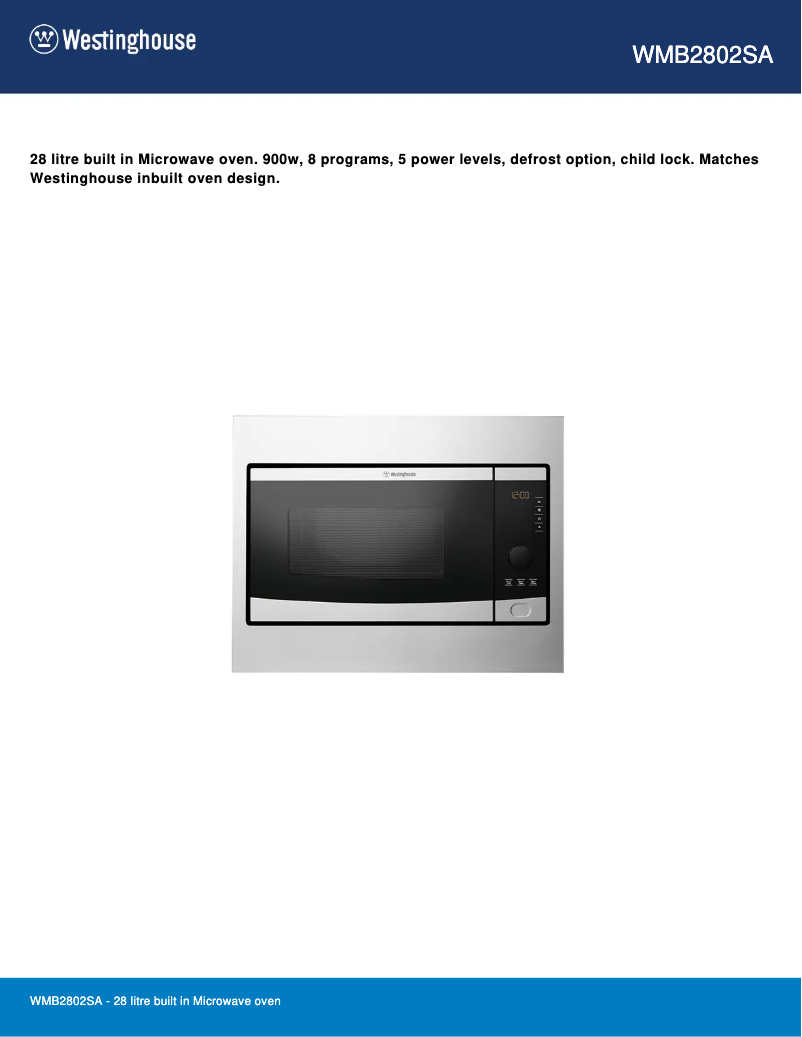 Page 1 de la notice Fiche technique Westinghouse WMB2802SA
