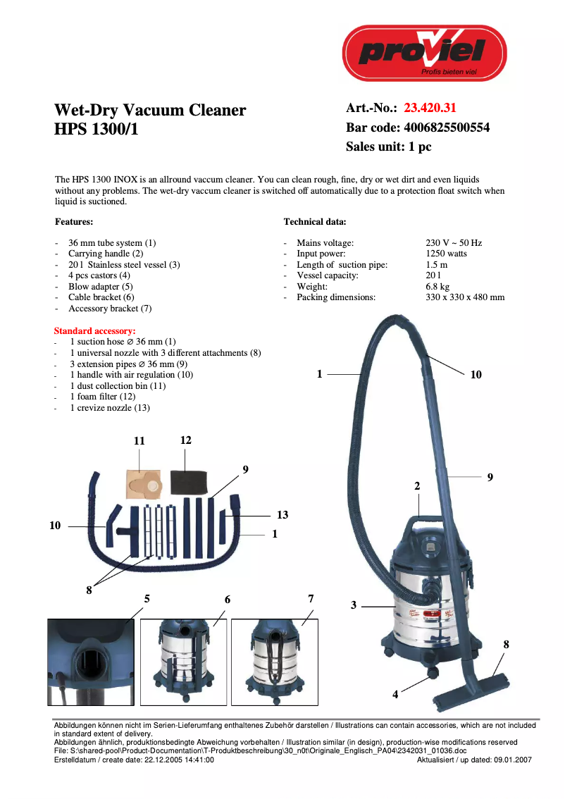 Page n°1 - Manuel utilisateur Proviel HPS 1300 Inox