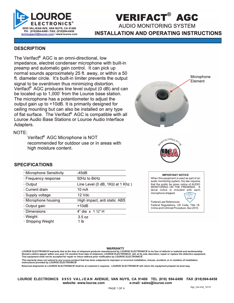 Page n°1 - Manuel utilisateur Louroe Electronics Verifact AGC