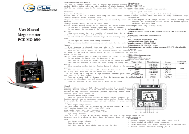 Page 1 de la notice Manuel utilisateur PCE Instruments PCE-MO 1500