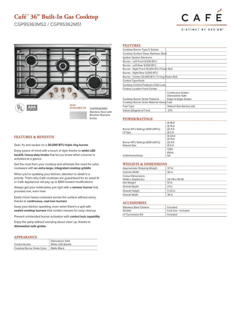 Page 1 de la notice Fiche technique GE Cafe CGP95363MS2