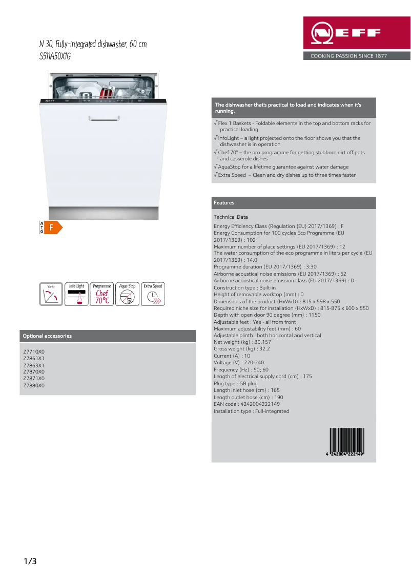 Page 1 de la notice Fiche technique Neff S511A50X1G