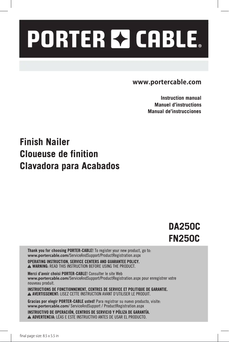 Page 1 de la notice Manuel utilisateur Porter-Cable FN250C