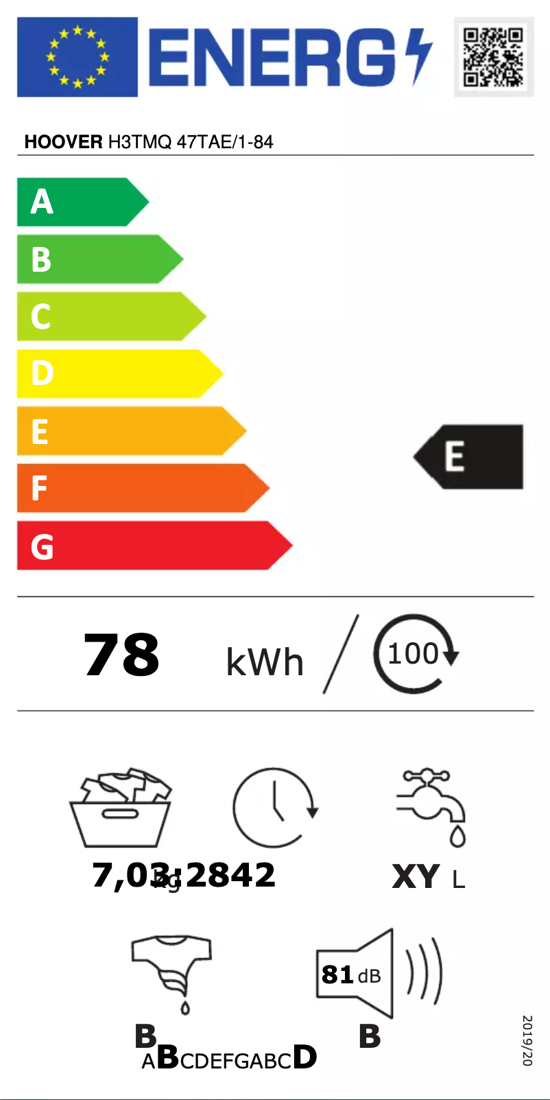 Page 1 de la notice Manuel utilisateur Hoover H3TMQ 47TAE/1-84