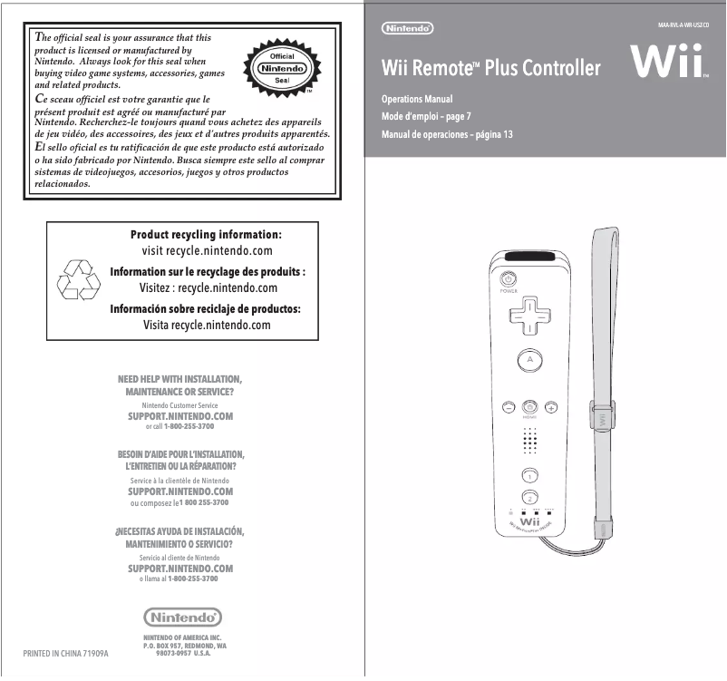 Página 1 del manual Manual de usuario Nintendo Wii Remote plus controller