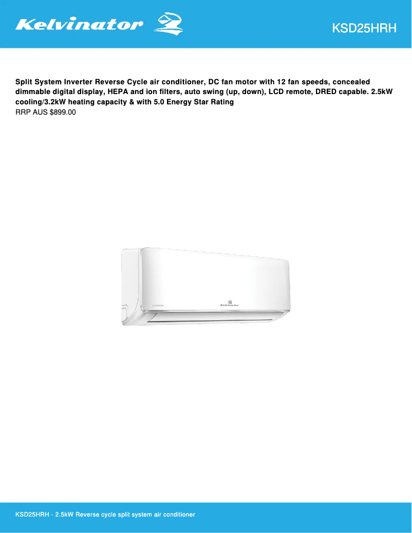 Page n°1 - Fiche technique Kelvinator KSD25HRH