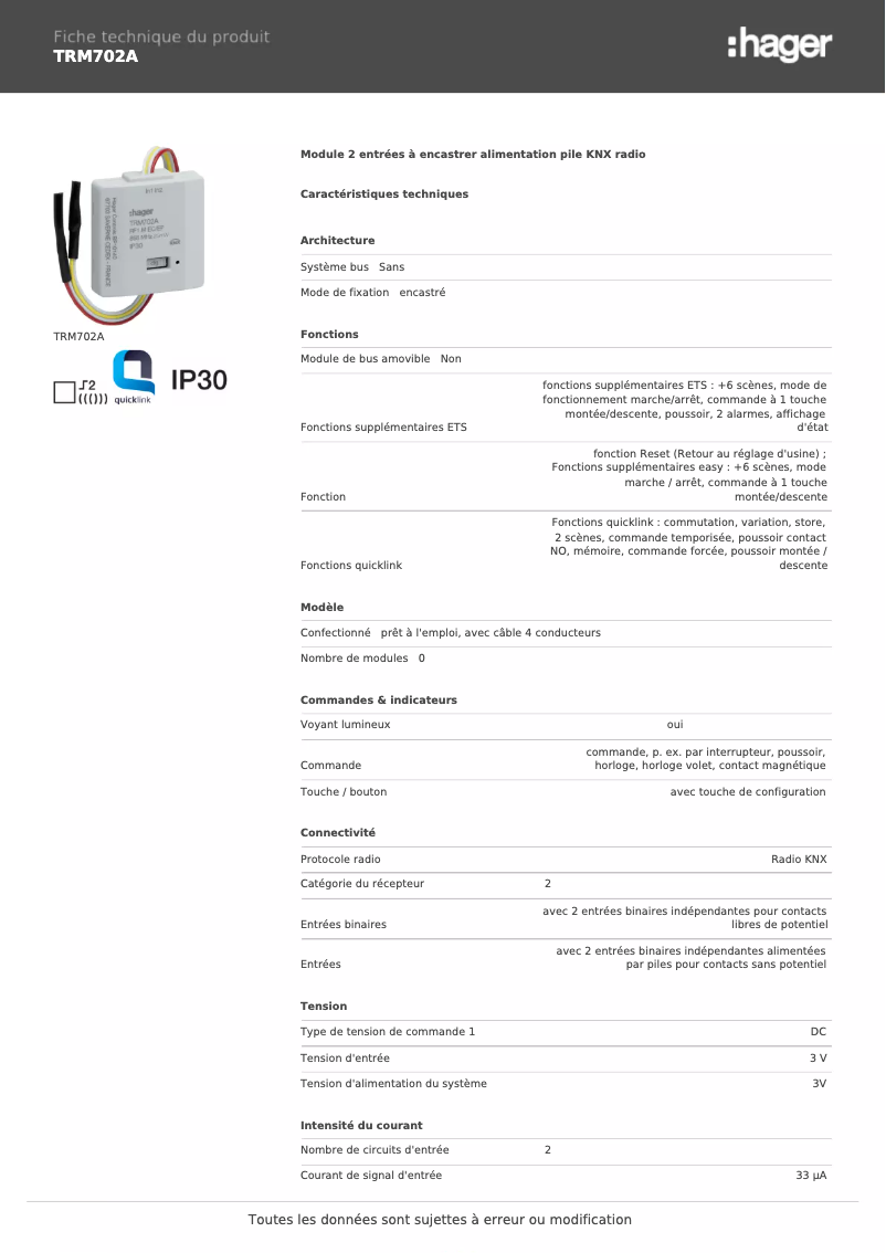 Page 1 de la notice Fiche technique Hager TRM702A