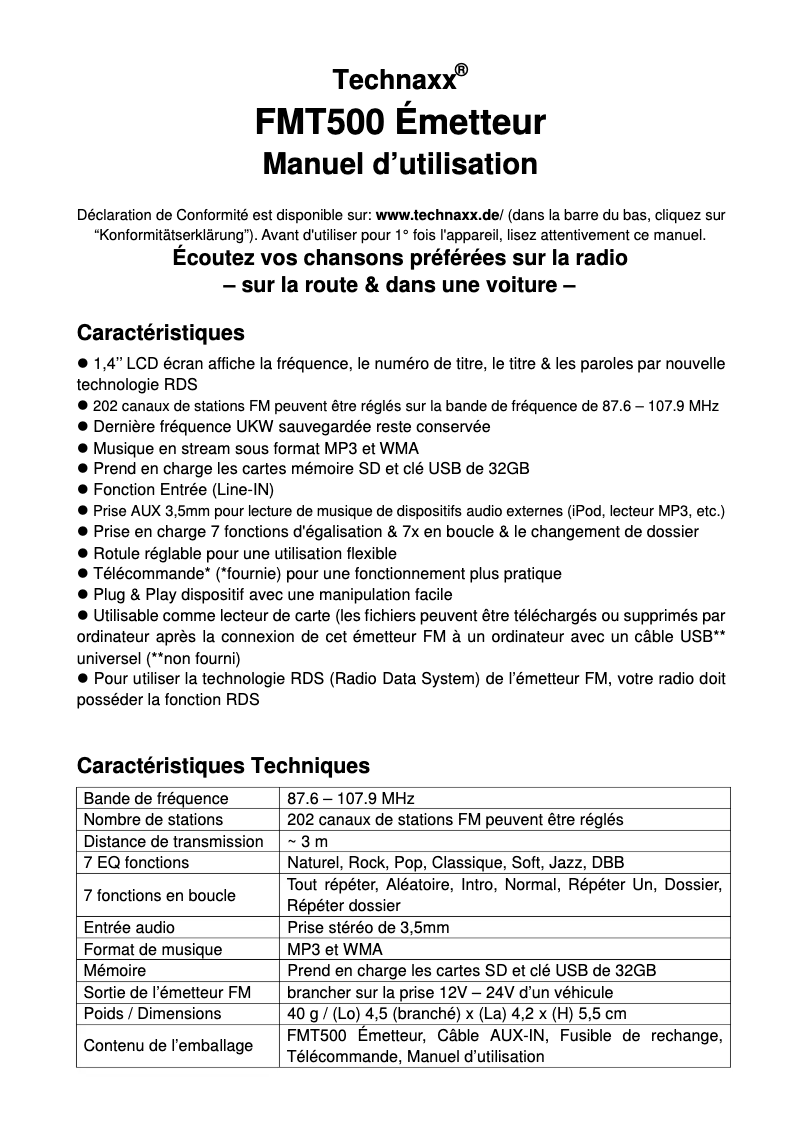 Page 1 de la notice Manuel utilisateur Technaxx FMT500
