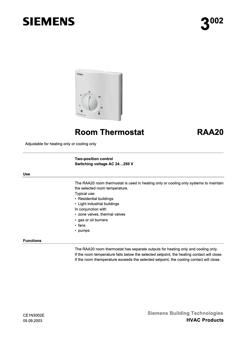 Page 1 de la notice Manuel utilisateur Siemens Landis & Staefa RAA20