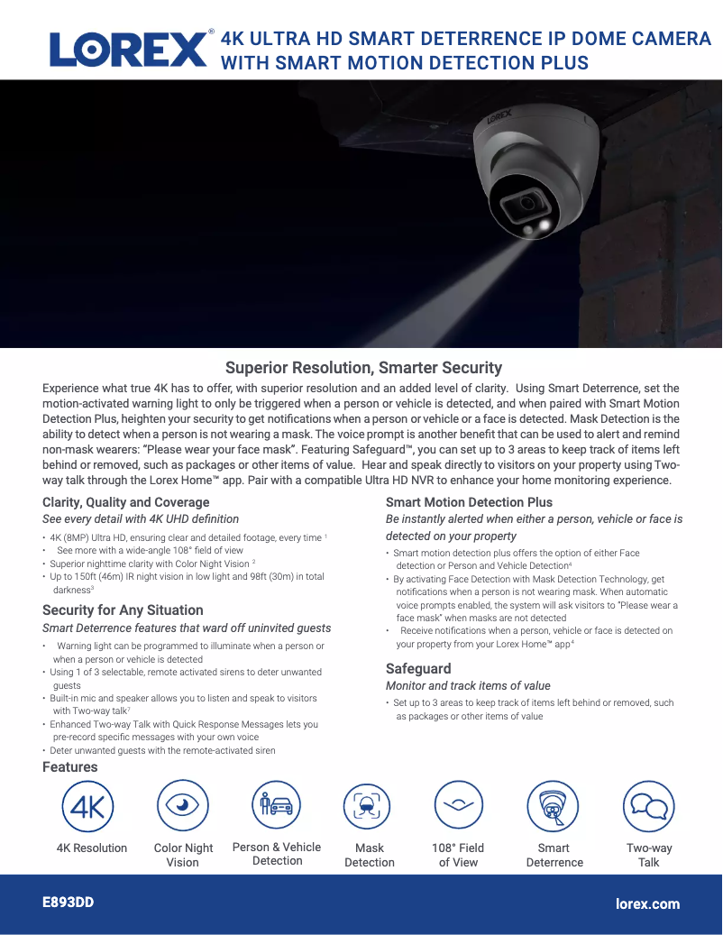 Page 1 de la notice Fiche technique Lorex E893DD-E
