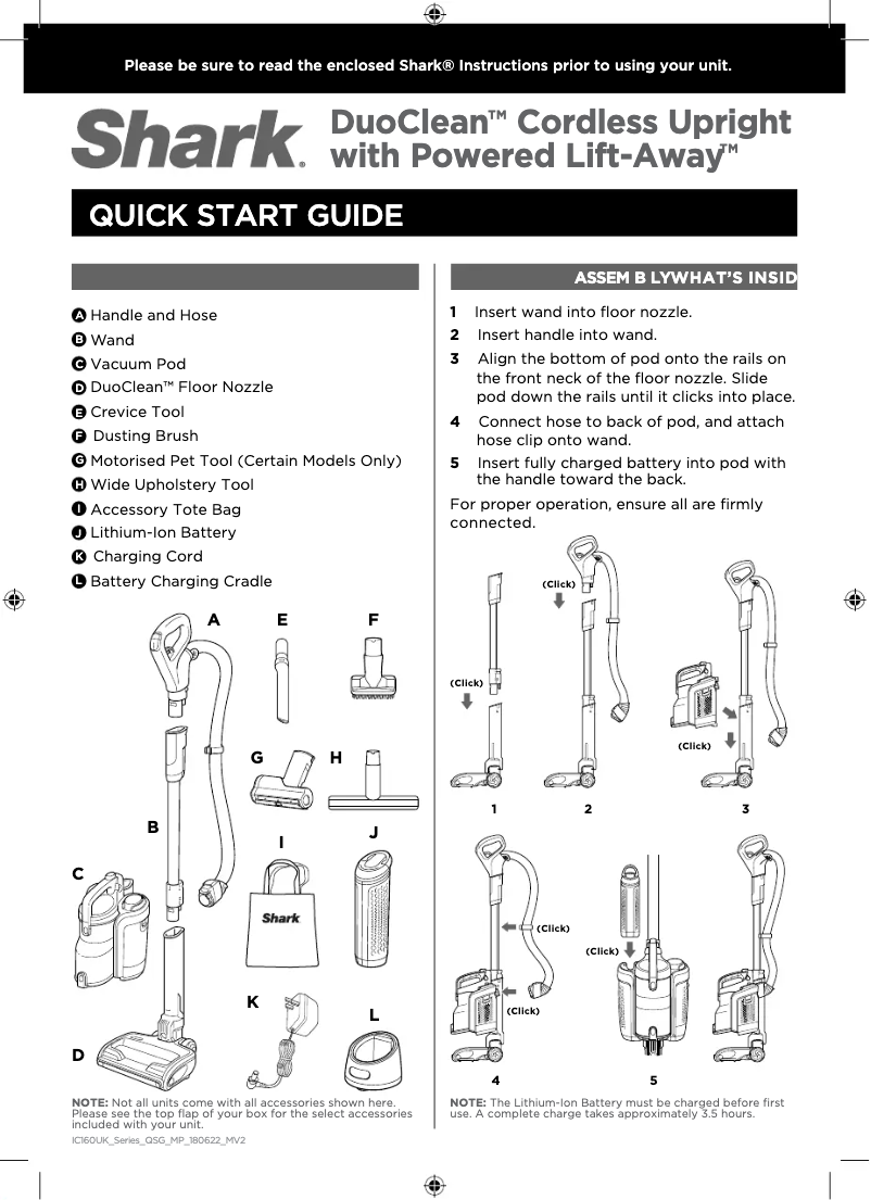 Page 1 de la notice Guide de démarrage rapide Shark Anti Hair Wrap & DuoClean ICZ160UK