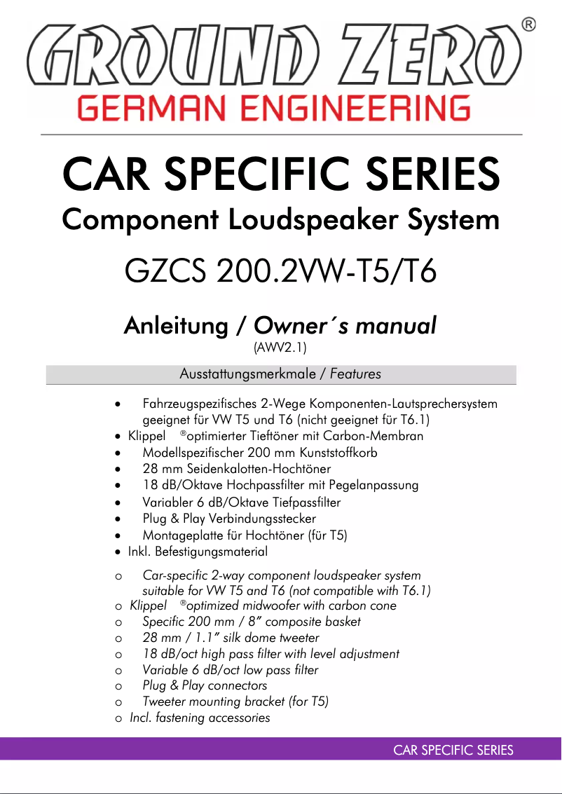 Page 1 de la notice Manuel utilisateur Ground Zero GZCS 200.2VW-T5/T6