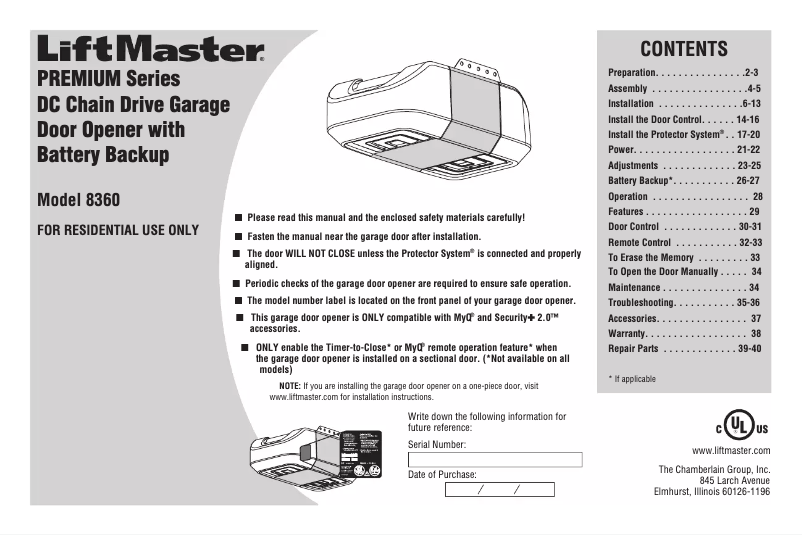 Page 1 of the manual User Manual LiftMaster 8360 Premium