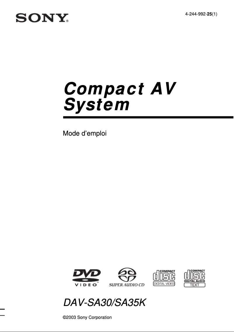 Image de la première page du manuel de l'appareil DAV-SA35K