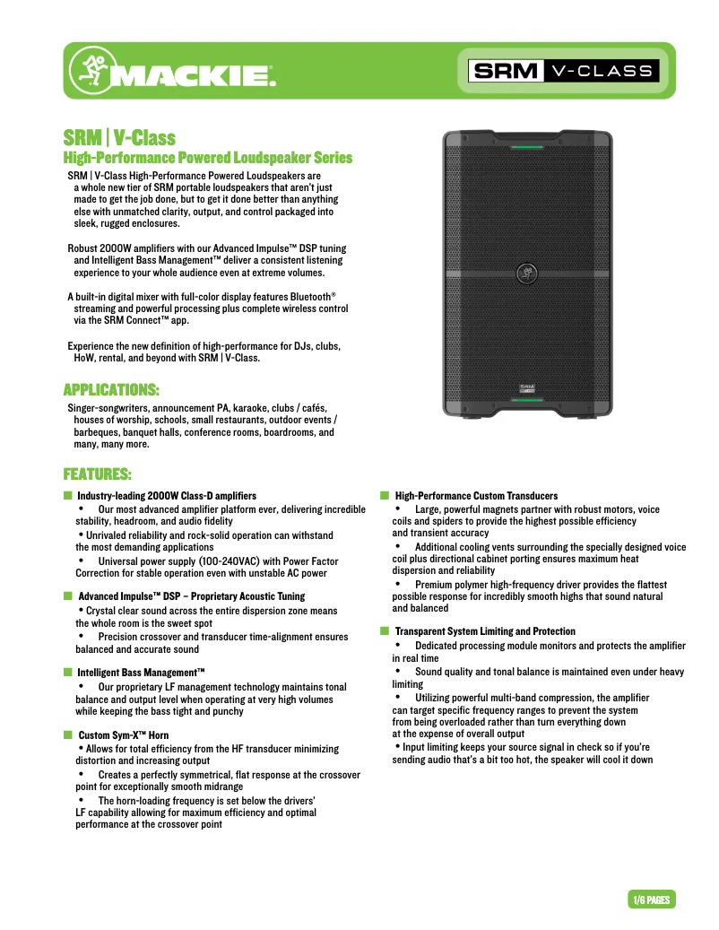 Page 1 de la notice Fiche technique Mackie V-Class SRM210