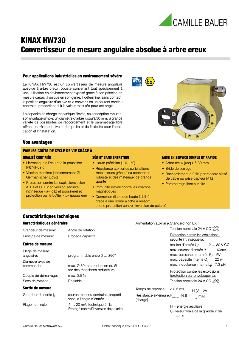 Página 1 del manual Ficha técnica Camille Bauer KINAX HW730