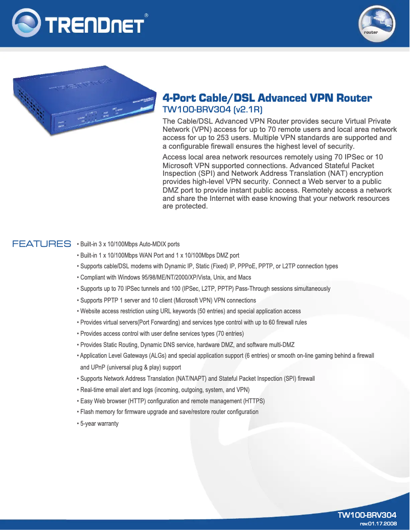 Page 1 de la notice Manuel utilisateur TRENDnet TW100-BRV304