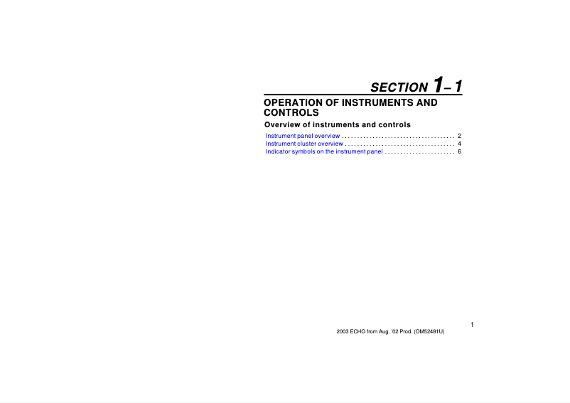 Page 1 de la notice Manuel utilisateur Toyota Echo (2003)