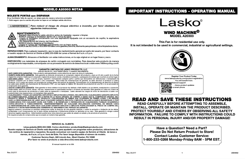 Página 1 del manual Manual de usuario Lasko Wind Machine A20303