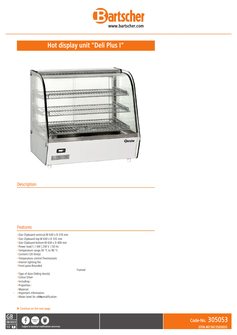 Page 1 de la notice Fiche technique Bartscher Deli Plus 305053