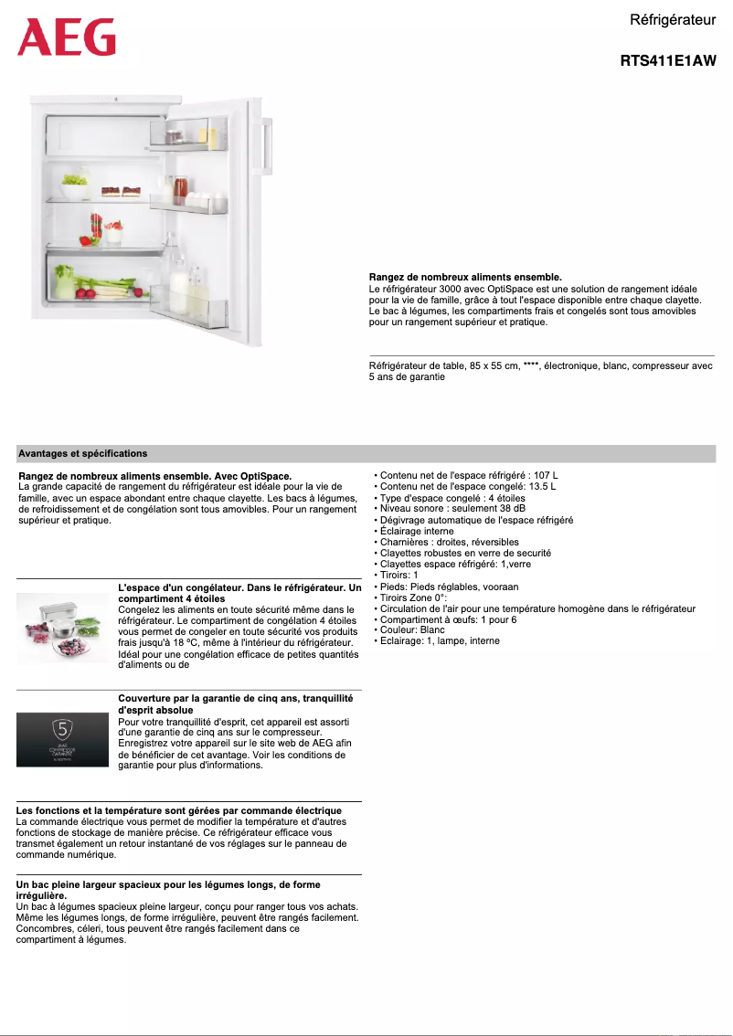 Page n°1 - Fiche technique AEG RTS411E1AW