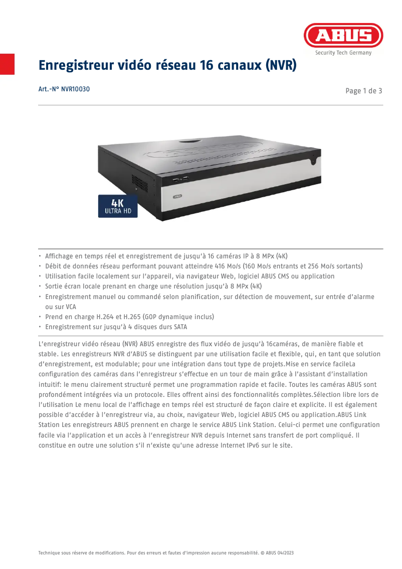 Page n°1 - Fiche technique Abus NVR10030