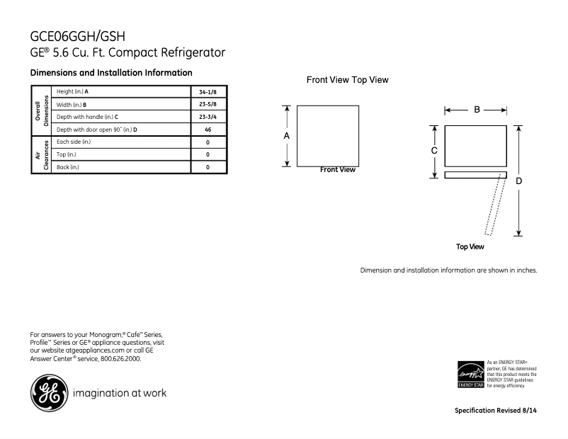 Page 1 de la notice Fiche technique GE GCE06GGHBB